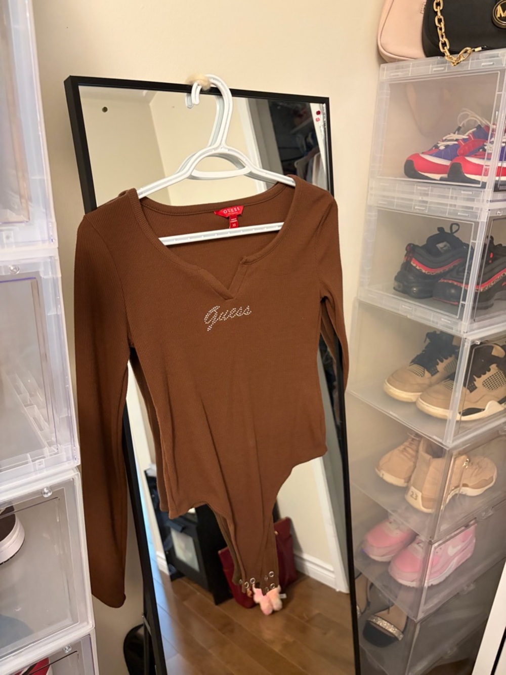 GUESS Brown Ribbed Long-Sleeve Bodysuit with Crystal Logo